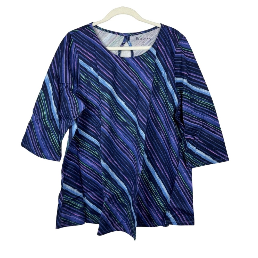 NWOT Roaman's 1X 22/24 Women's Neon Striped Purple Green 3/4 Length Sleeve Shirt